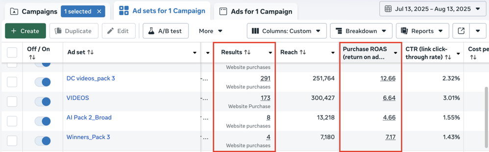 Meta Ads dashboard showing website purchases and purchase ROAS